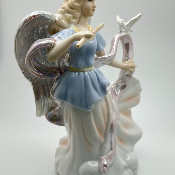 Vintage Porcelain Angel Figurine Playing Flute and Dove Iridescent Musician Gift - Picture 2 of 7